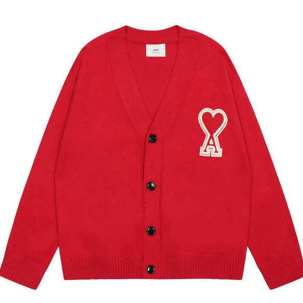 AMI Paris Red Relaxed Fit Unisex Patch Logo Knit Cardigan